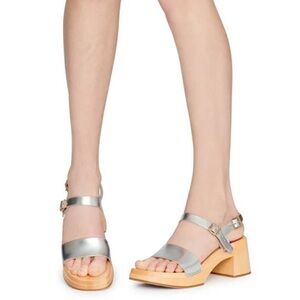 SWEDISH HASBEENS Gittan Block Heel Open Toe Ankle Strap Silver Sandals